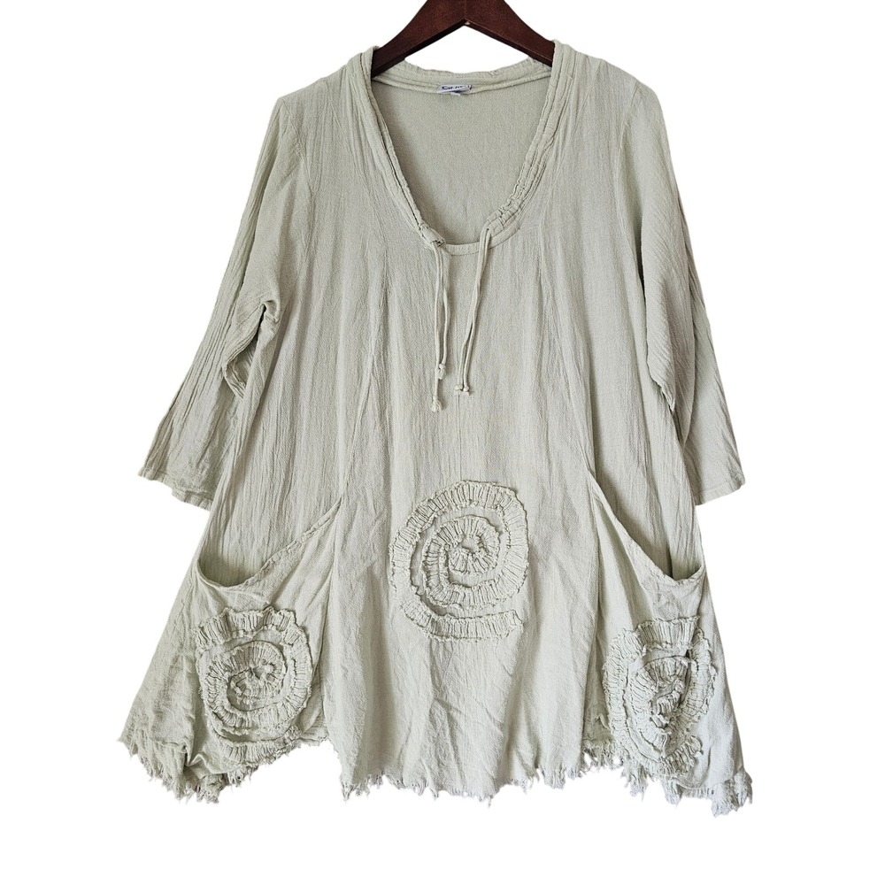 Oh My Gauze Light Green Cotton Spiral Applique Tunic Dress Lagenlook Boho Size 2